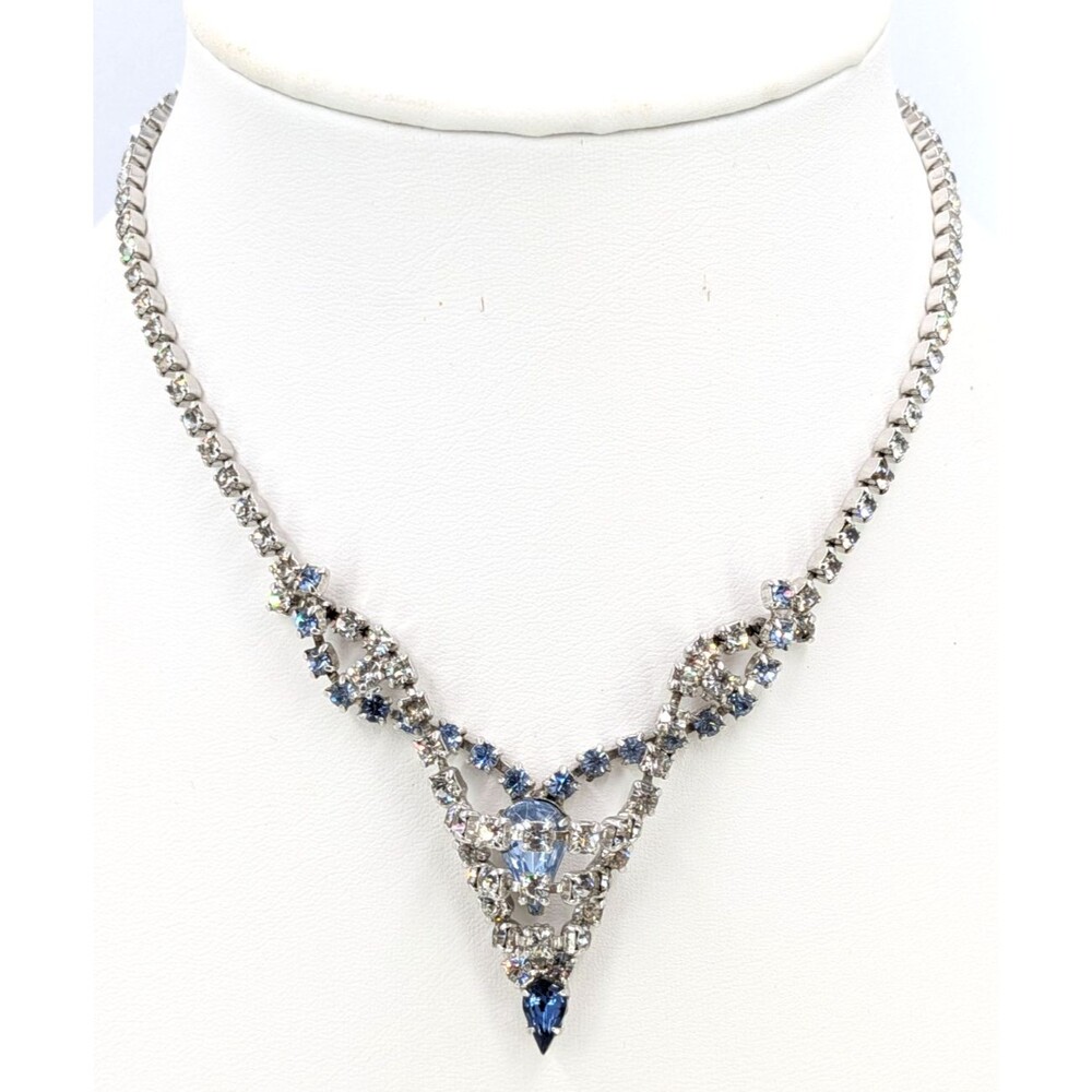 Vintage Necklace Blue Clear Rhinestone Silver Tone V Drop Crystal Choker 15 in